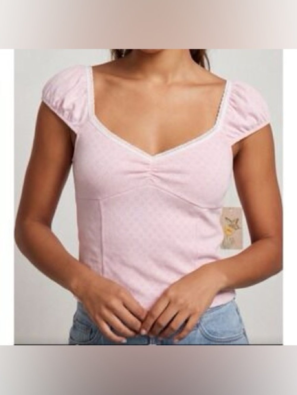 Persaya Milkmaid White Lace Trim Cap/Puff Strap Sweetheart Neckline Crop Top